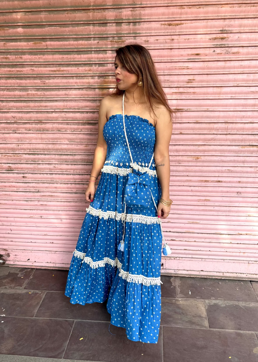 Blue Bandhani Smocked Dress