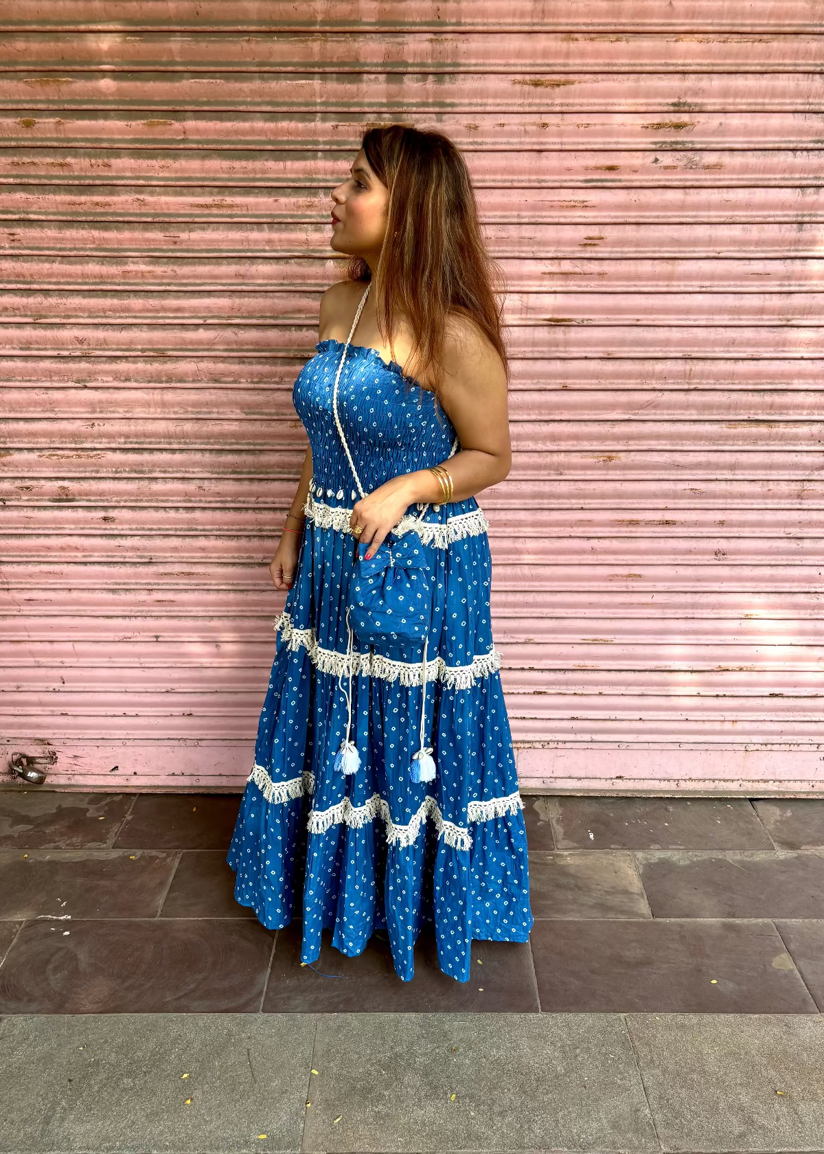 Blue Bandhani Smocked Dress
