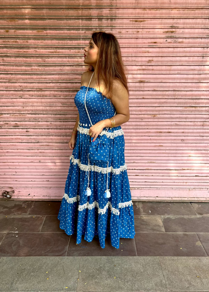 Blue Bandhani Smocked Dress