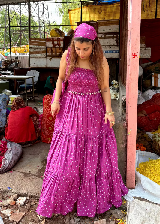 Purple Bandhani Smocked Dress