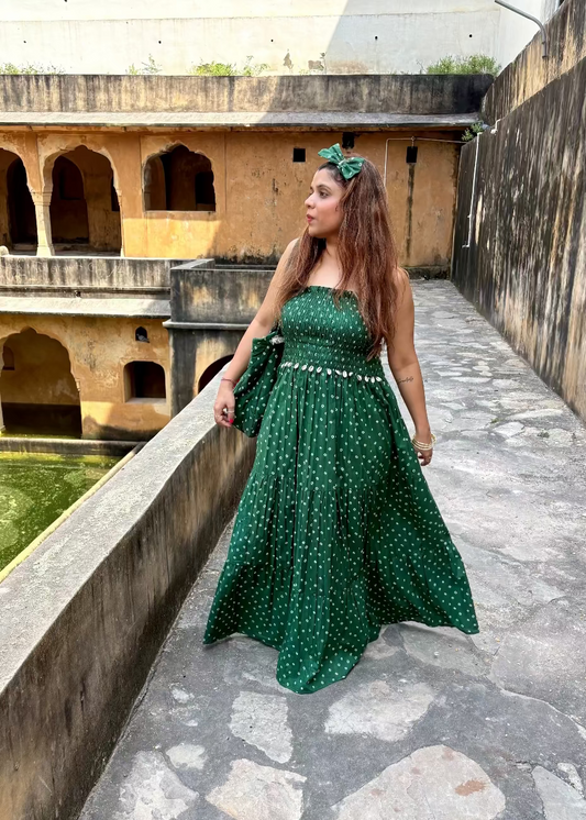 Green Bandhani Smocked Dress