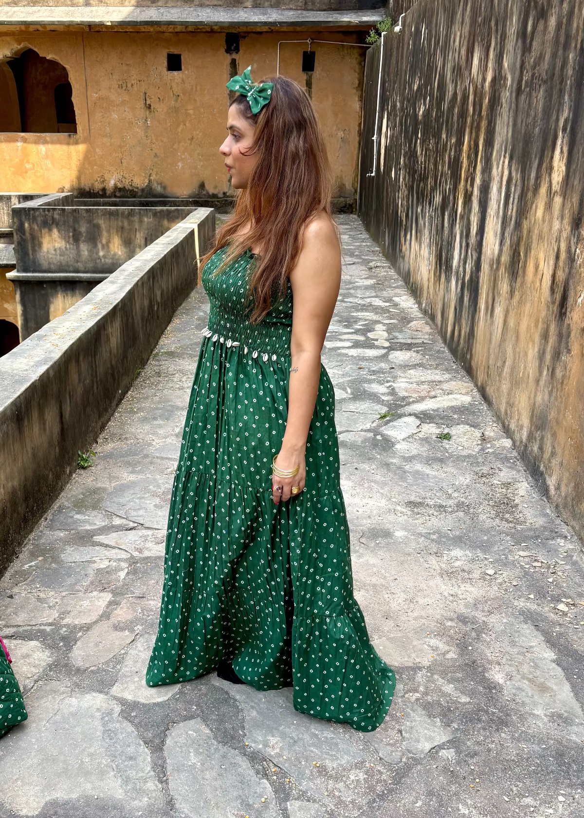 Green Bandhani Smocked Dress