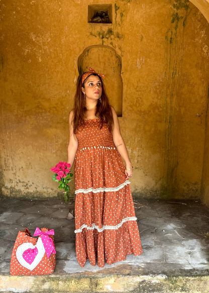 Brown Bandhani Smocked Dress