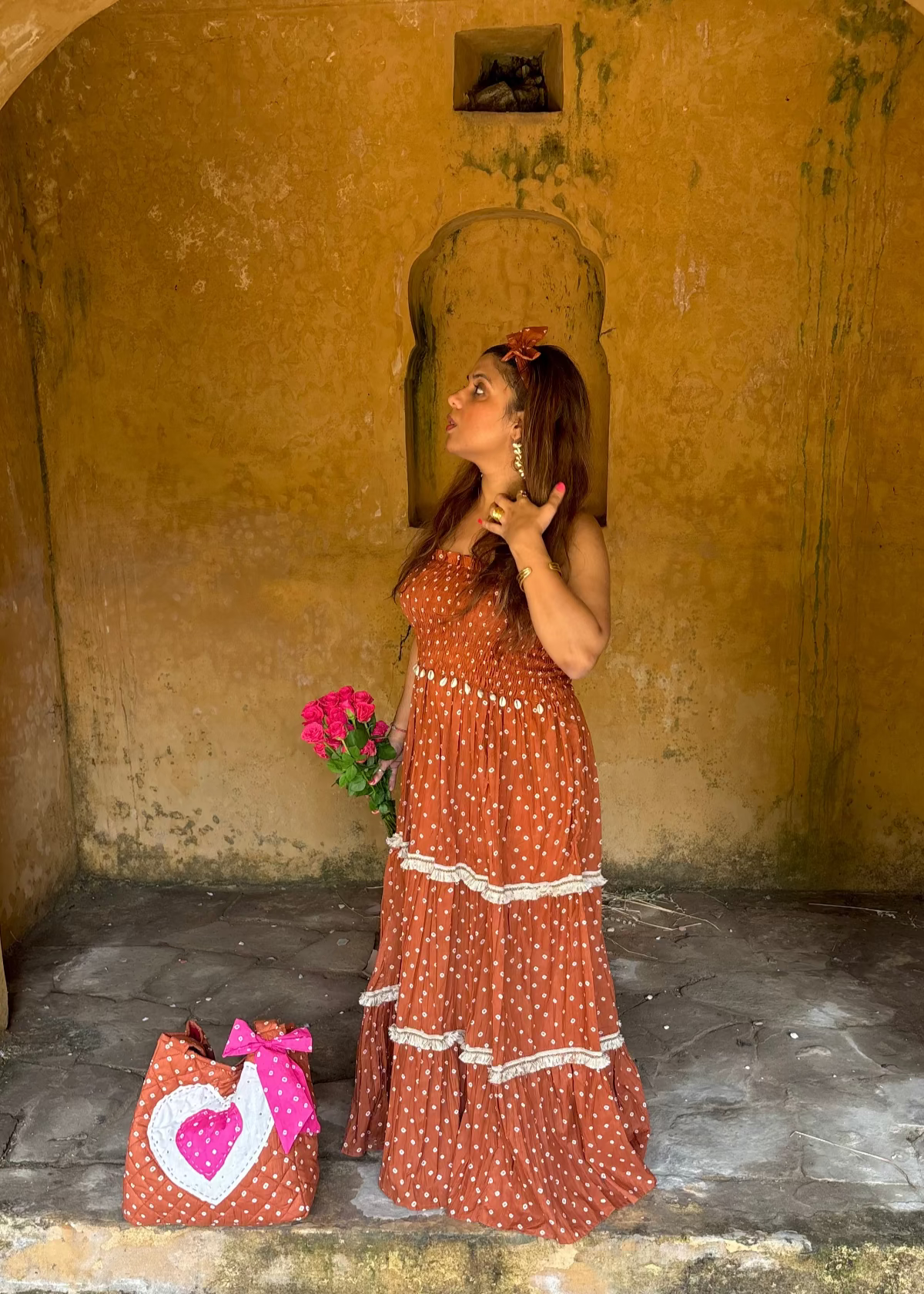 Brown Bandhani Smocked Dress