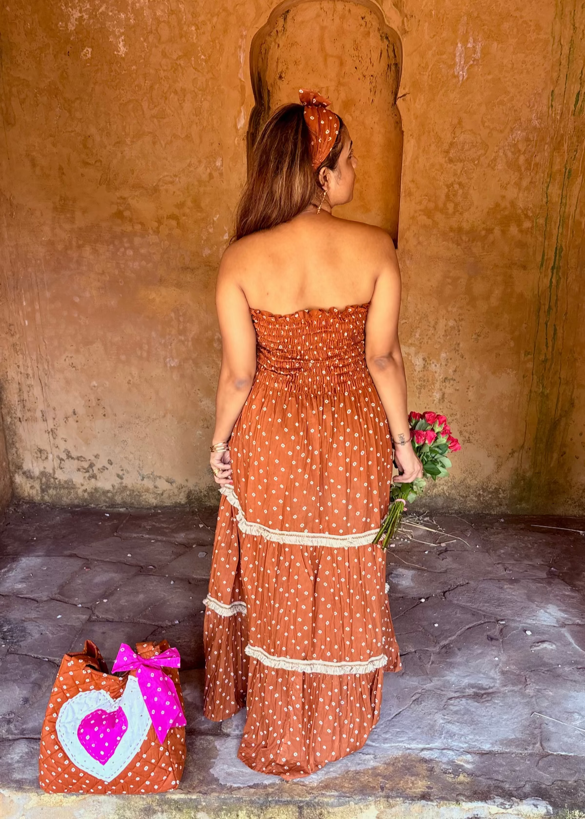 Brown Bandhani Smocked Dress