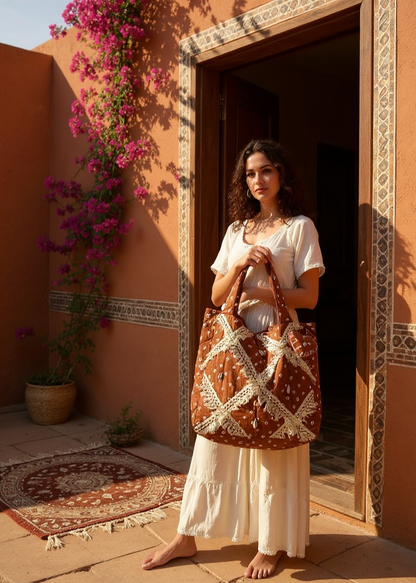 Brown Bandhani Quilted Tote Bag