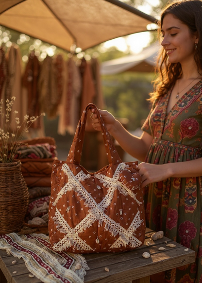 Brown Bandhani Quilted Tote Bag