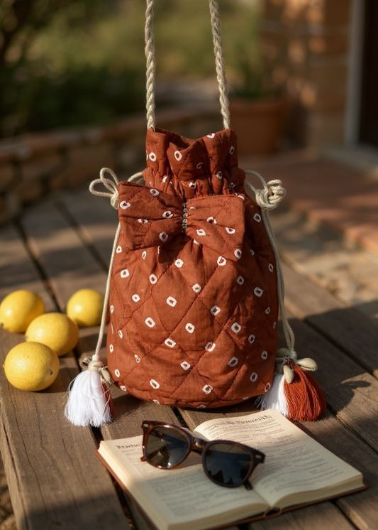 Brown Bandhani Quilted Sling Bag