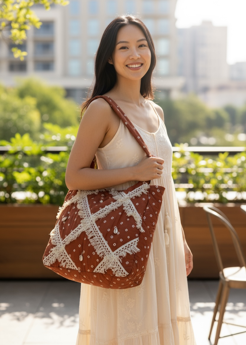 Brown Bandhani Quilted Tote Bag