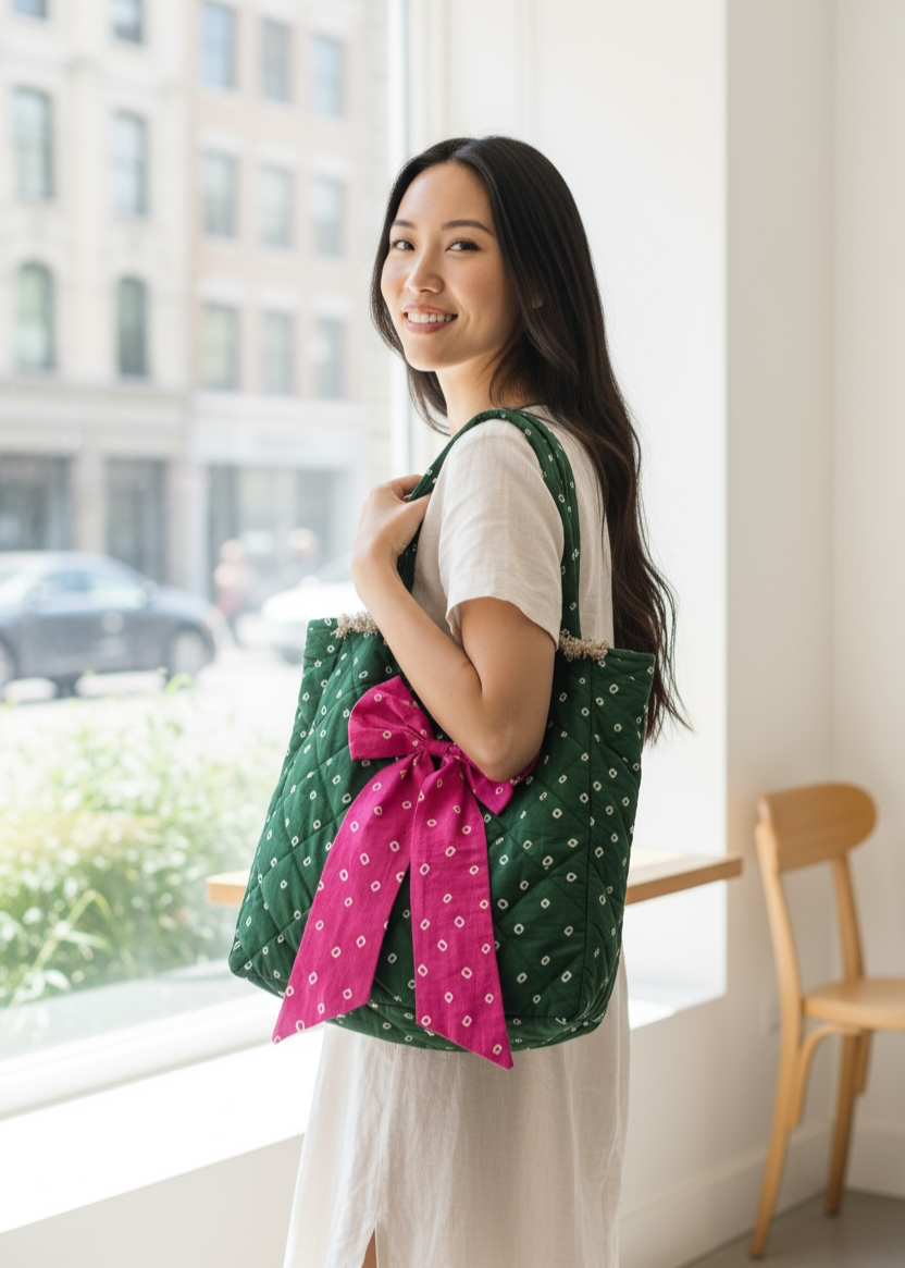 Woman holding a Green Bandhani quilted tote bag with pink bow by That Romeo.