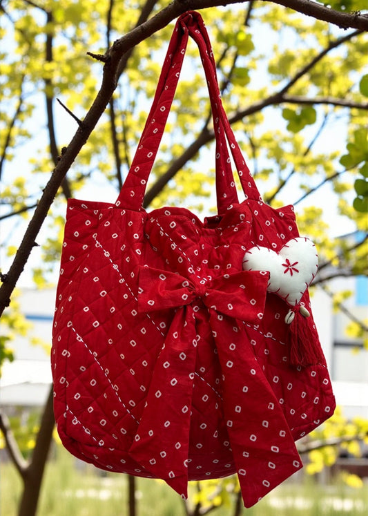 Red Bandhani Quilted Tote Bag