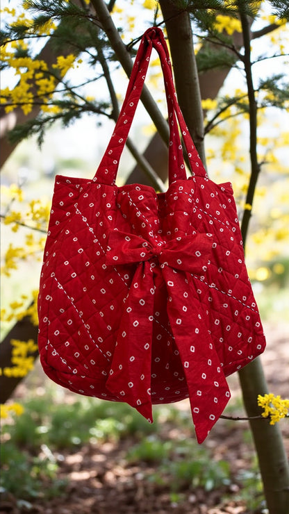 Red Bandhani Quilted Tote Bag