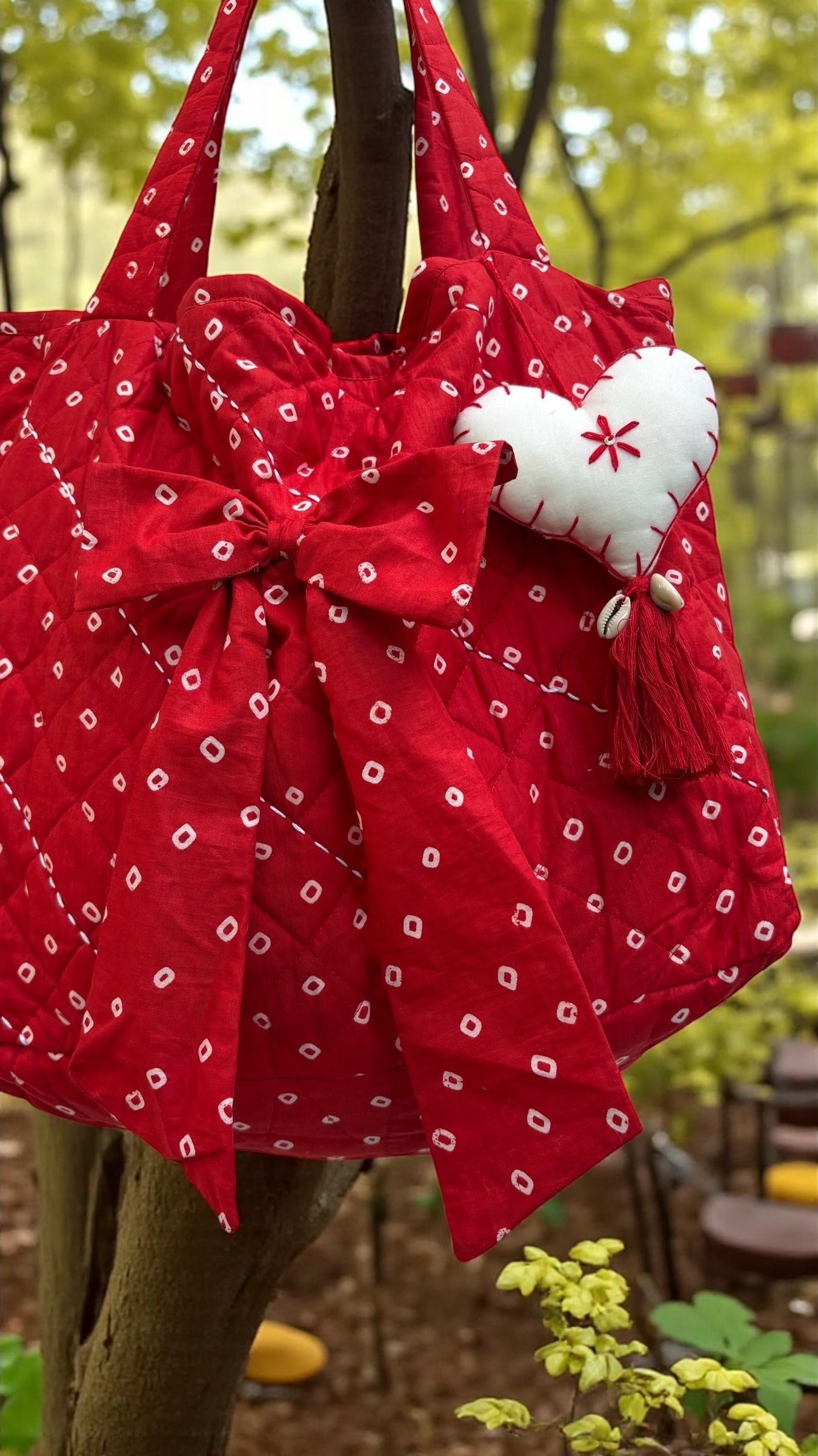 Red Bandhani Quilted Tote Bag