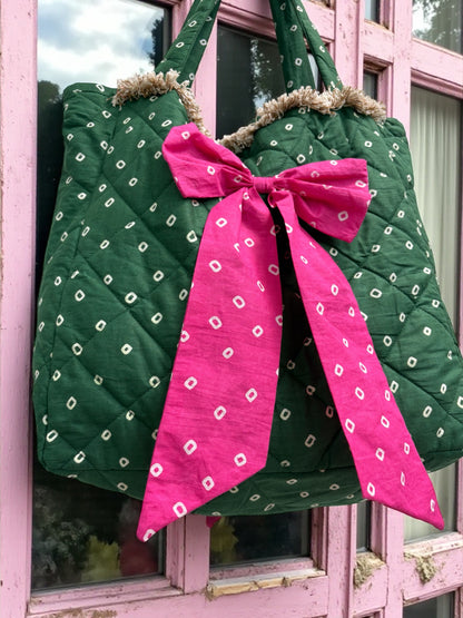 Green Bandhani Quilted Tote Bag