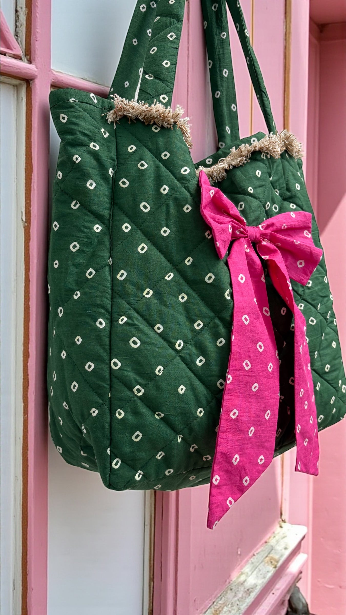 Green Bandhani Quilted Tote Bag