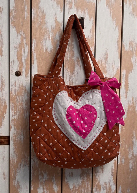 Brown Heart Bandhani Quilted Tote Bag