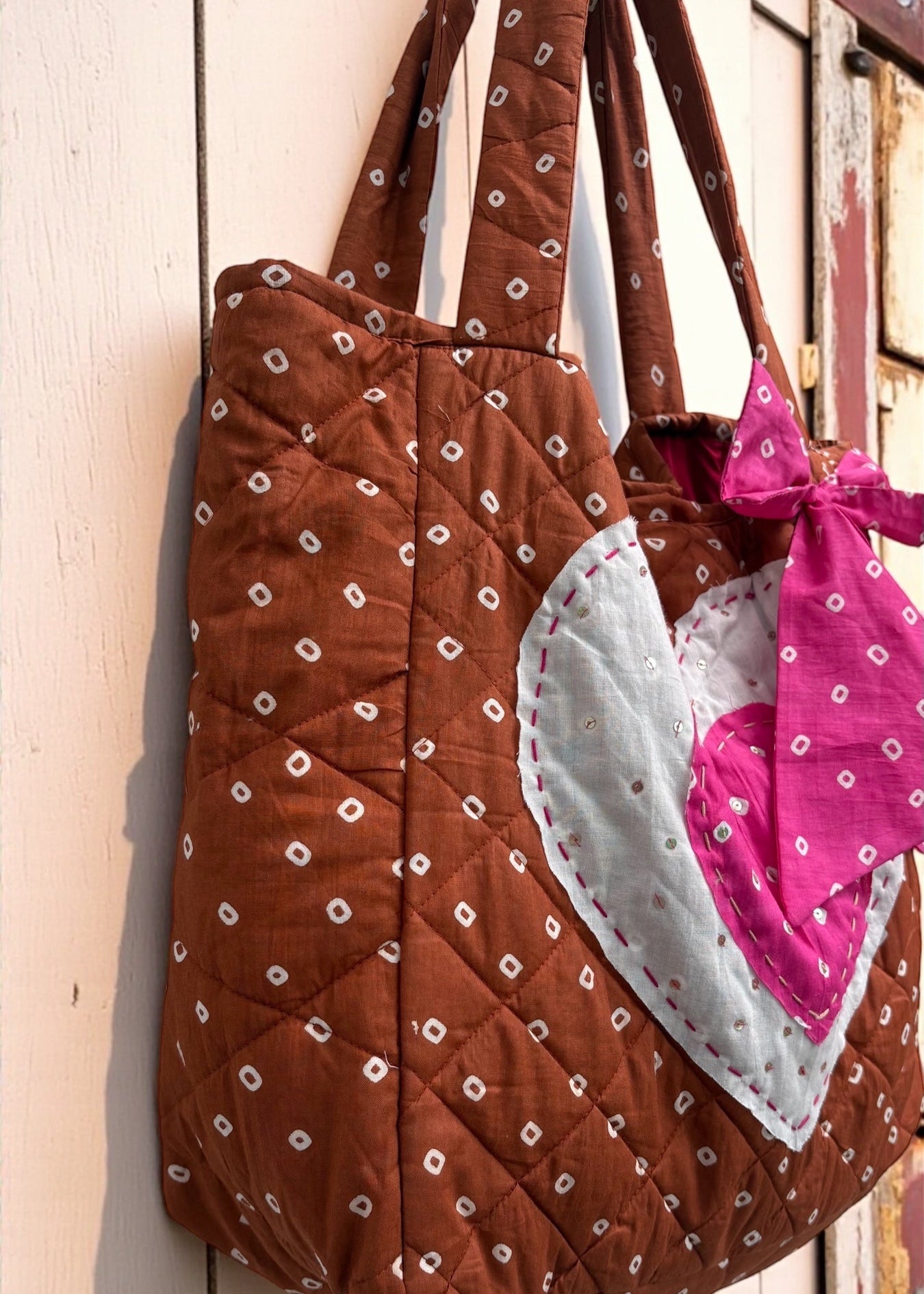 Brown Heart Bandhani Quilted Tote Bag