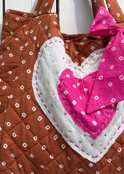 Brown Heart Bandhani Quilted Tote Bag