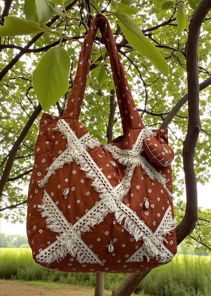 Brown Bandhani Quilted Tote Bag