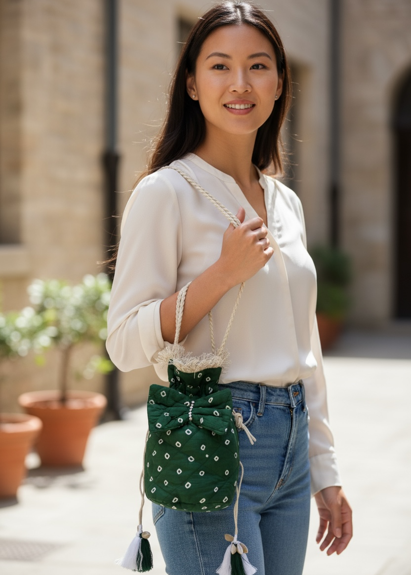 Green Bandhani Quilted Sling Bag