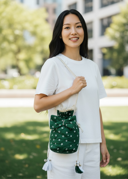 Green Bandhani Quilted Sling Bag