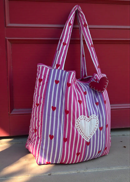Sweet Stripe Heart Quilt Tote Bag