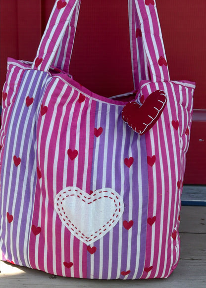 Sweet Stripe Heart Quilt Tote Bag