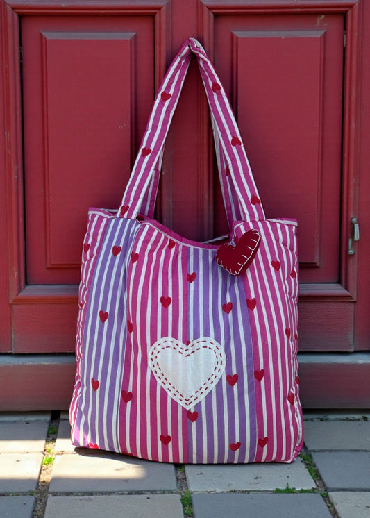 Sweet Stripe Heart Quilt Tote Bag