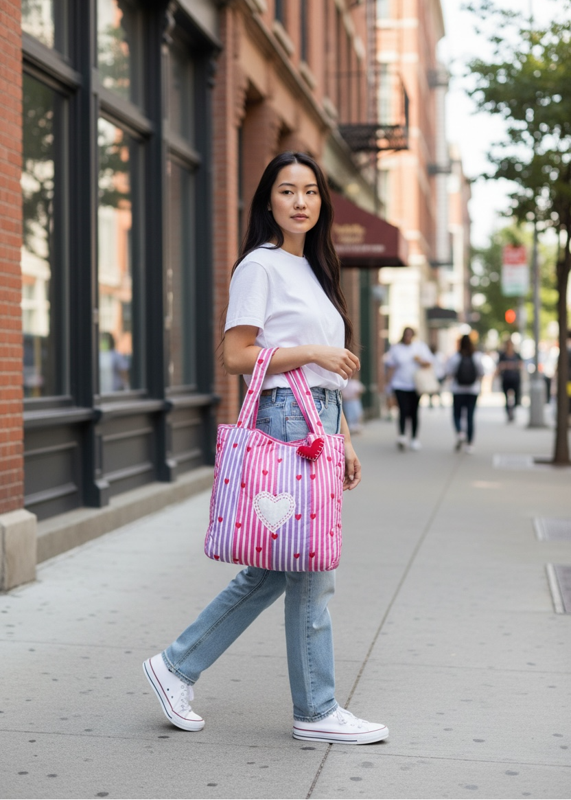 Sweet Stripe Heart Quilt Tote Bag