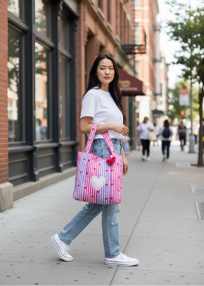 Sweet Stripe Heart Quilt Tote Bag