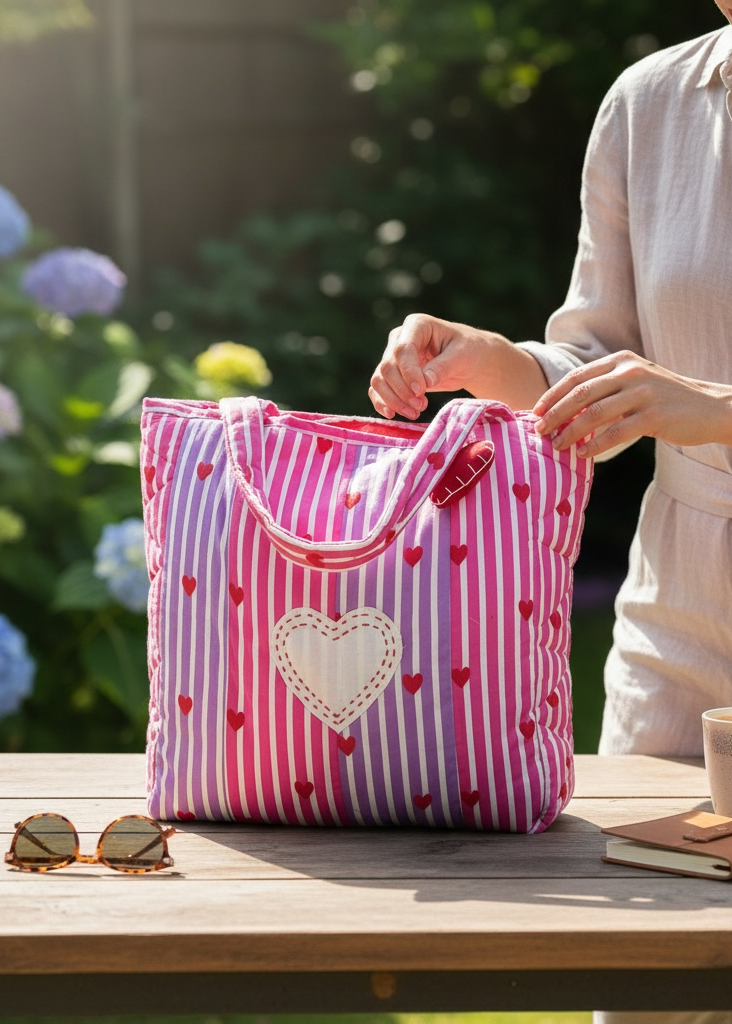 Sweet Stripe Heart Quilt Tote Bag