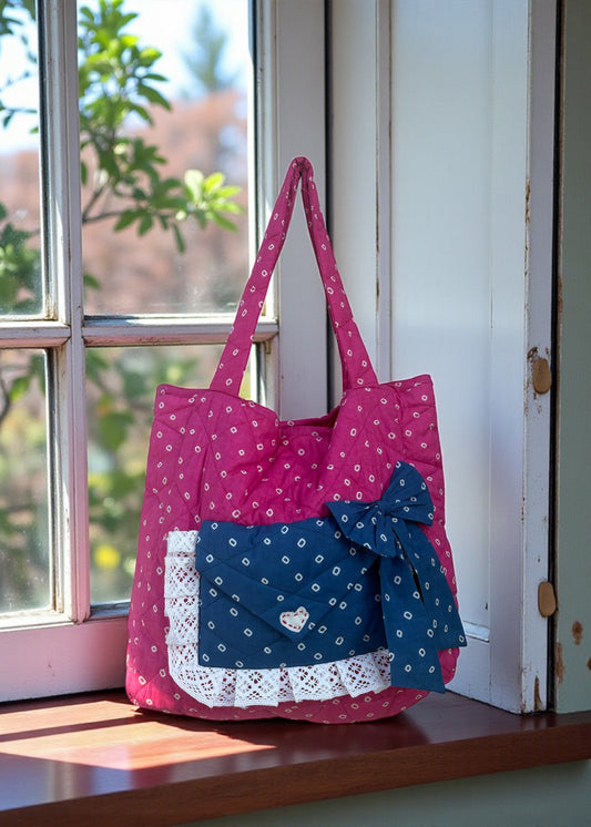 Midnight Bow Heart Quilted Tote Bag