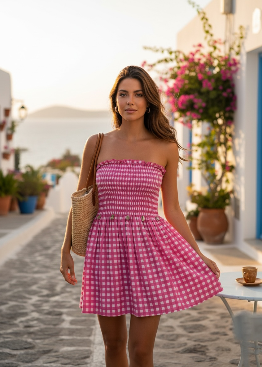Rosé Gingham Smocked Dress