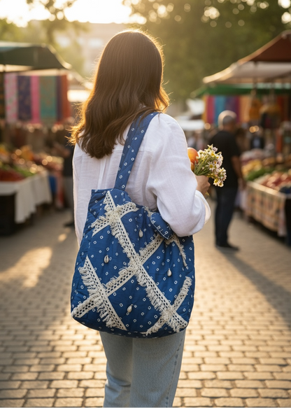 Blue Bandhani Quilted Tote Bag