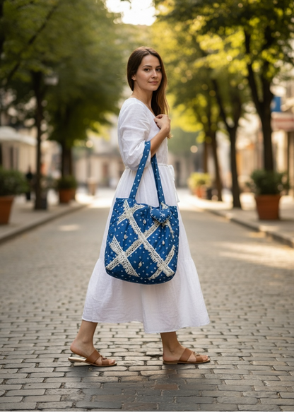 Blue Bandhani Quilted Tote Bag