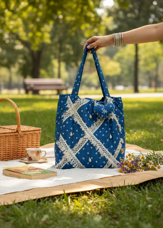 Blue Bandhani Quilted Tote Bag