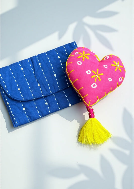 Blue Kantha Pouch & Heart Charm Mini Hamper
