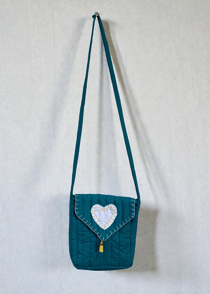 Heartline Quilted Crossbody Bag – Teal Blue