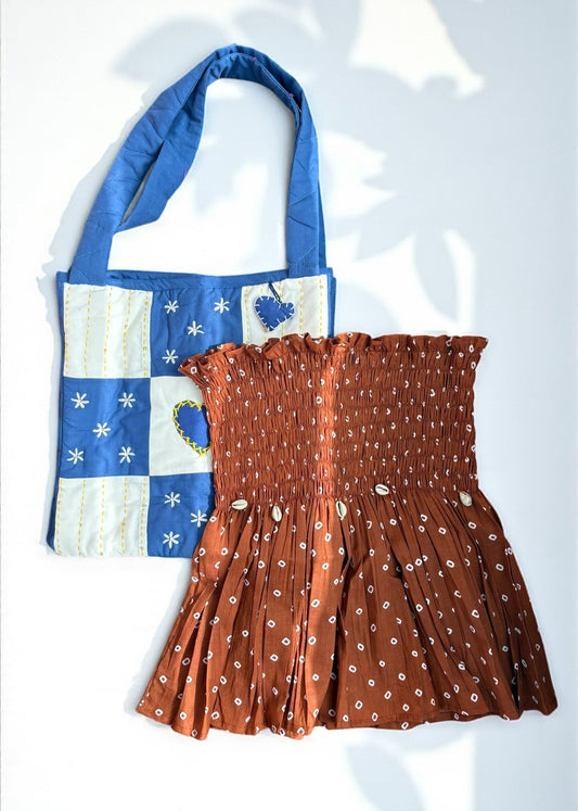 The Indigo Earth Hamper – Brown Bandhani Smocked Top + Blue Patchwork Tote