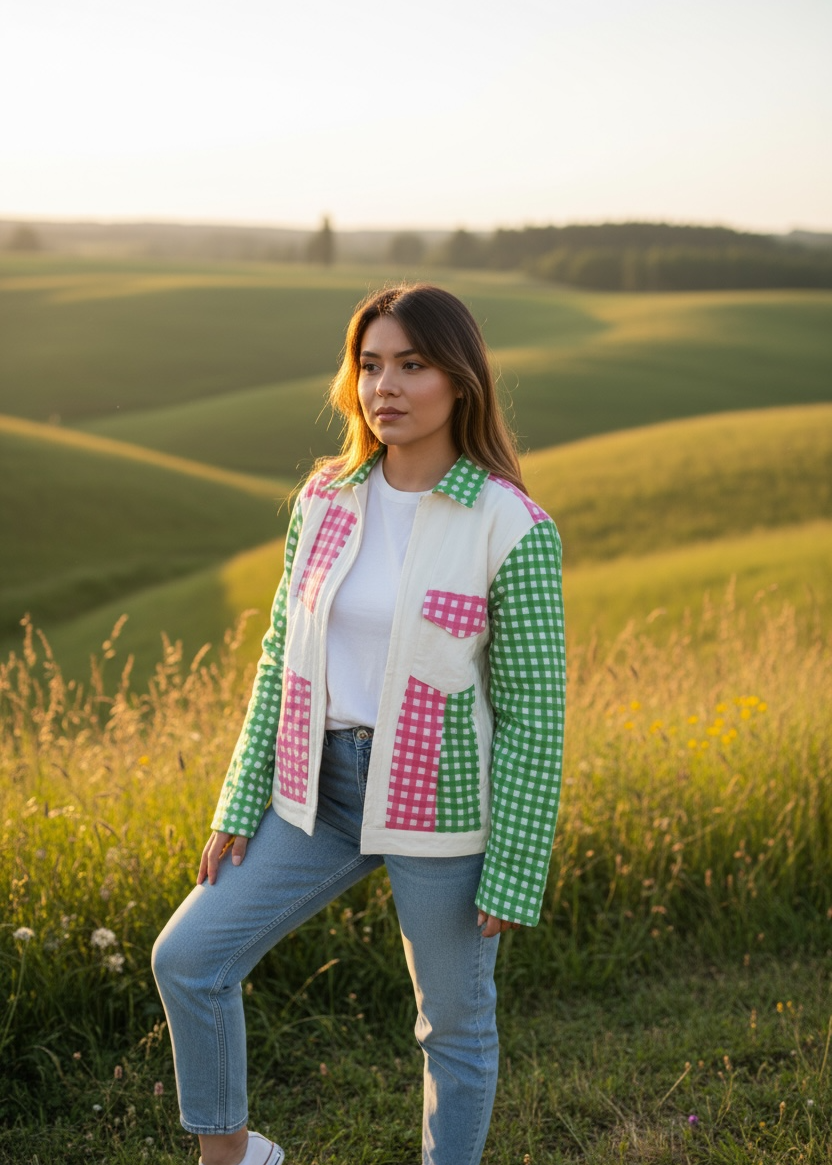 Model wearing ThatRomeo Gingham Patch Jacket with green and pink gingham patch panels.