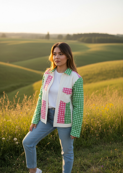 Model wearing ThatRomeo Gingham Patch Jacket with green and pink gingham patch panels.