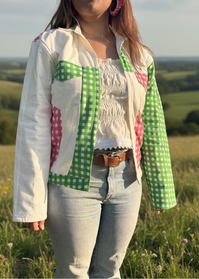 Model wearing ThatRomeo Gingham Patch Jacket with green and pink gingham patch panels.