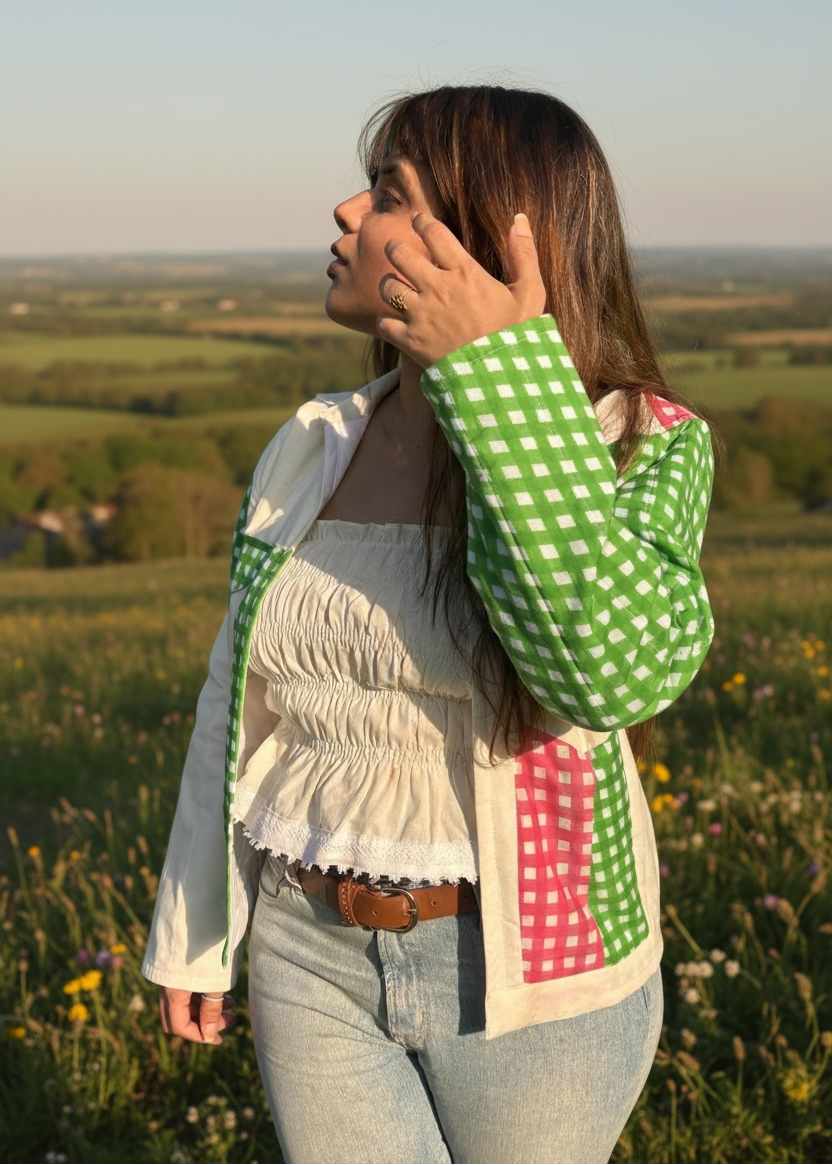 Model wearing ThatRomeo Gingham Patch Jacket with green and pink gingham patch panels.