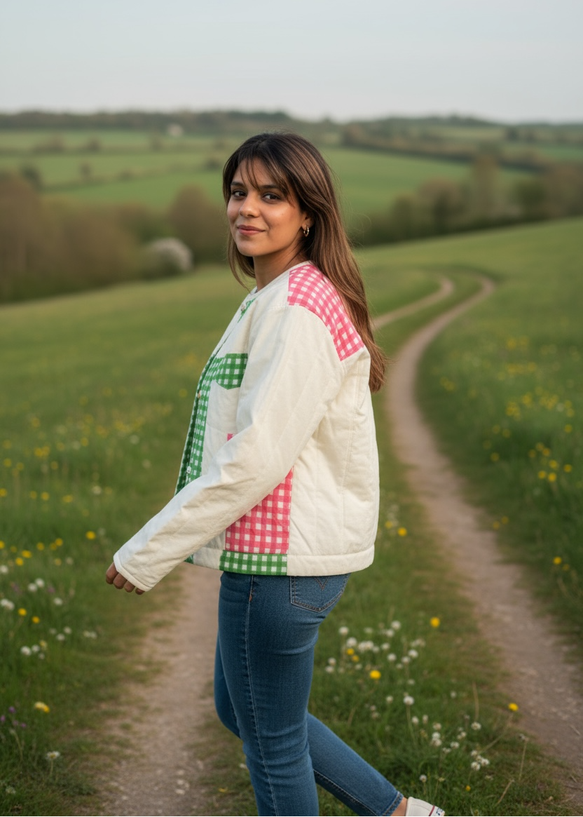 Model wearing ThatRomeo Gingham Patch Jacket with green and pink gingham patch panels.
