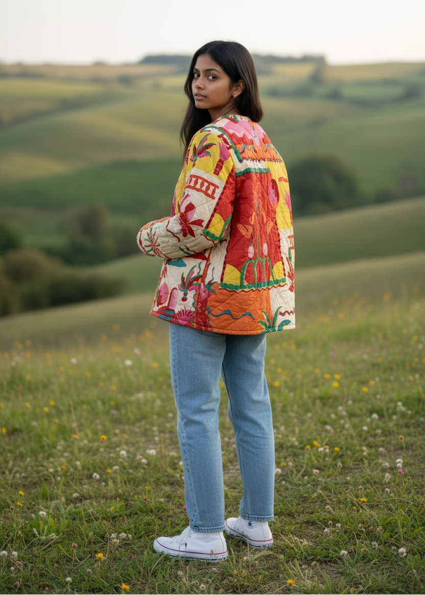 Model wearing ThatRomeo’s Tropical Tale Quilted Jacket — multicolor tropical print cotton jacket with relaxed fit.