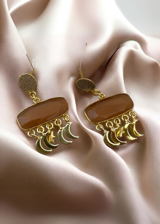 Nova Brass Earrings with Peach Moonstone and Crescent Charms – That Romeo