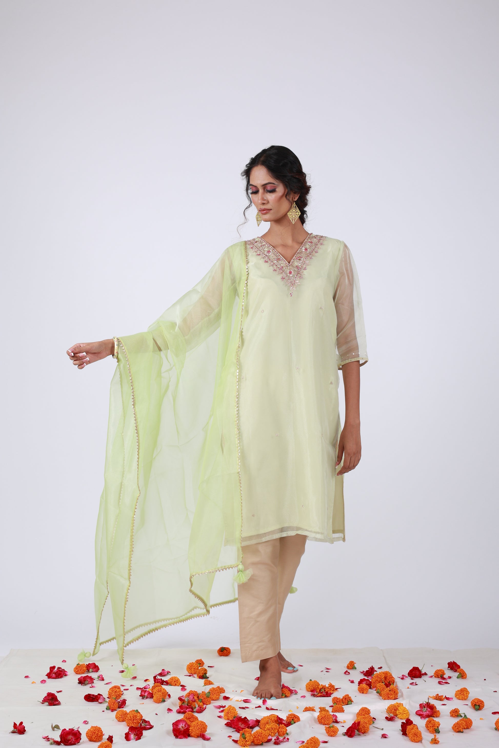 Light Lemon Green Organza Kurta Set with Embroidery & Dupatta