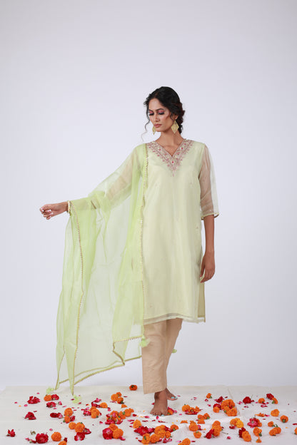 Light Lemon Green Organza Kurta Set with Embroidery & Dupatta