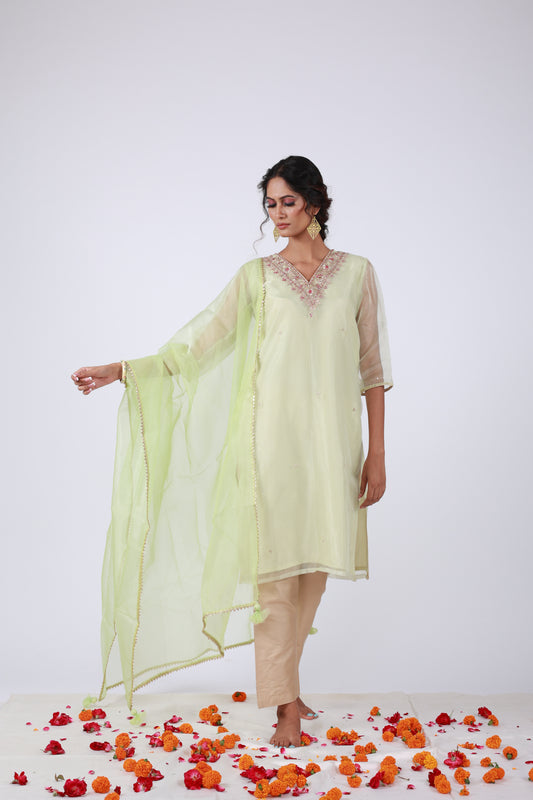 Light Lemon Green Organza Kurta Set with Embroidery & Dupatta