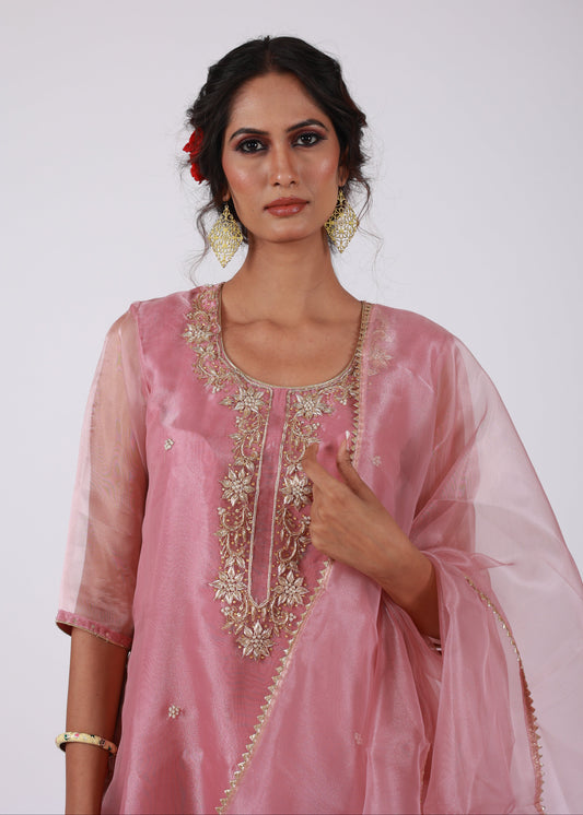 Rose Gold Organza Kurta Dupatta Set with Hand Embroidery